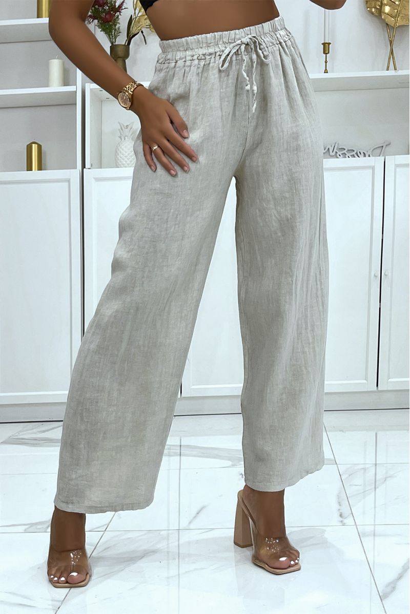 Beige linen palazzo pants with elastic waistband - 1