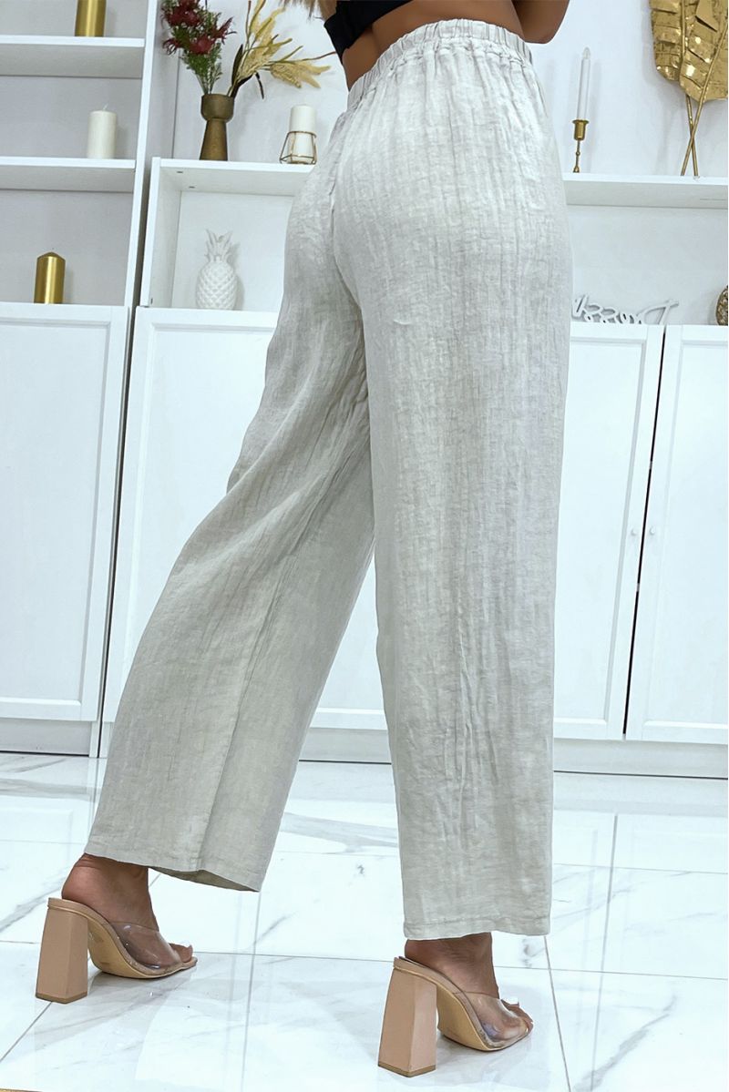 Beige linen palazzo pants with elastic waistband - 3