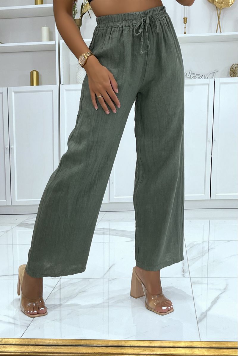 Khaki elastic waist linen palazzo pants - 2