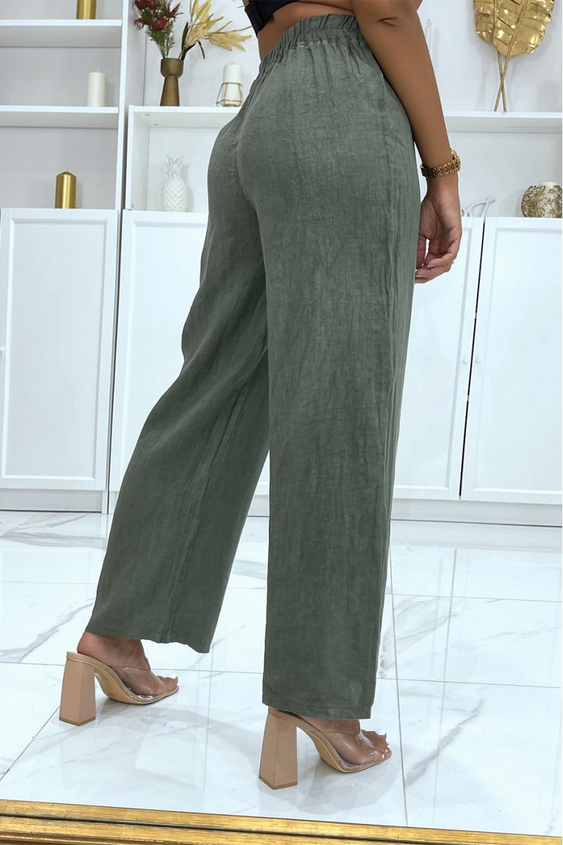Khaki elastic waist linen palazzo pants - 3