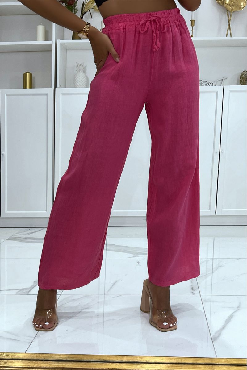 Fuchsia linen palazzo pants with elastic waistband - 2