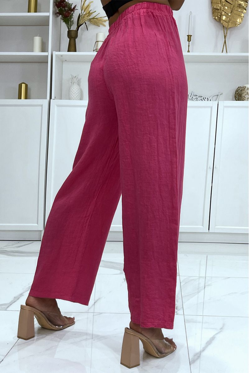 Fuchsia linen palazzo pants with elastic waistband - 3