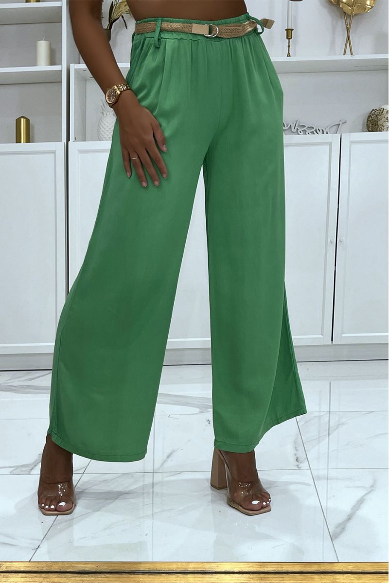 Green palazzo pants with thin straw belt, cinched at the waist - 2
