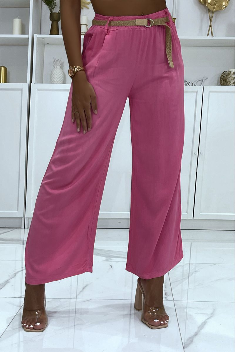 Fuchsia palazzo trousers with thin straw belt, fitted at the waist - 3