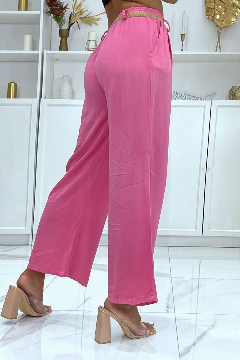 Fuchsia palazzo trousers with thin straw belt, fitted at the waist - 4