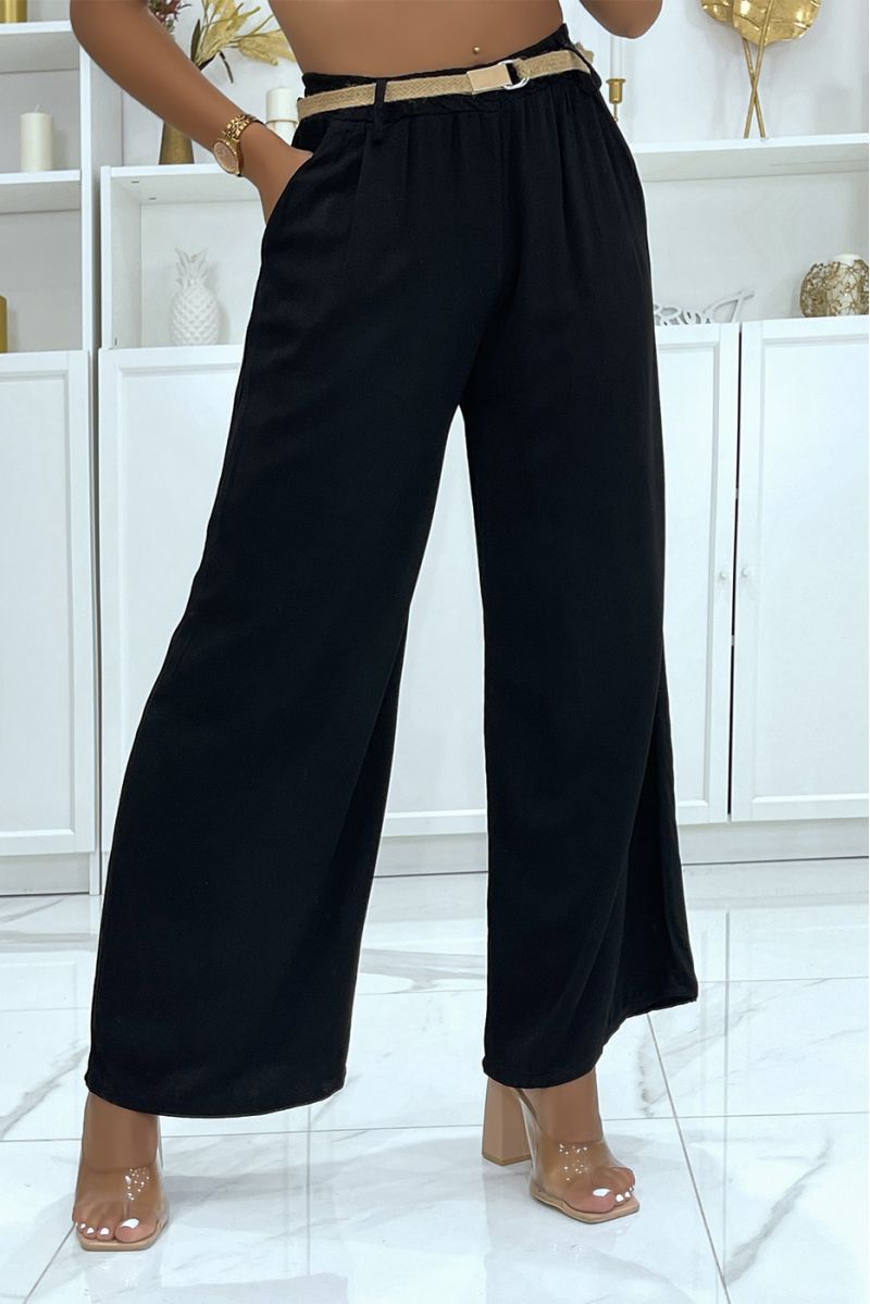 Black palazzo pants with thin straw belt, cinched at the waist - 1