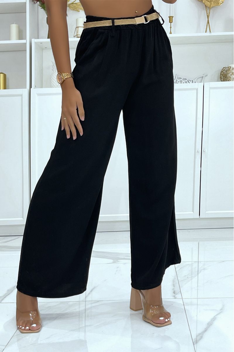 Black palazzo pants with thin straw belt, cinched at the waist - 2