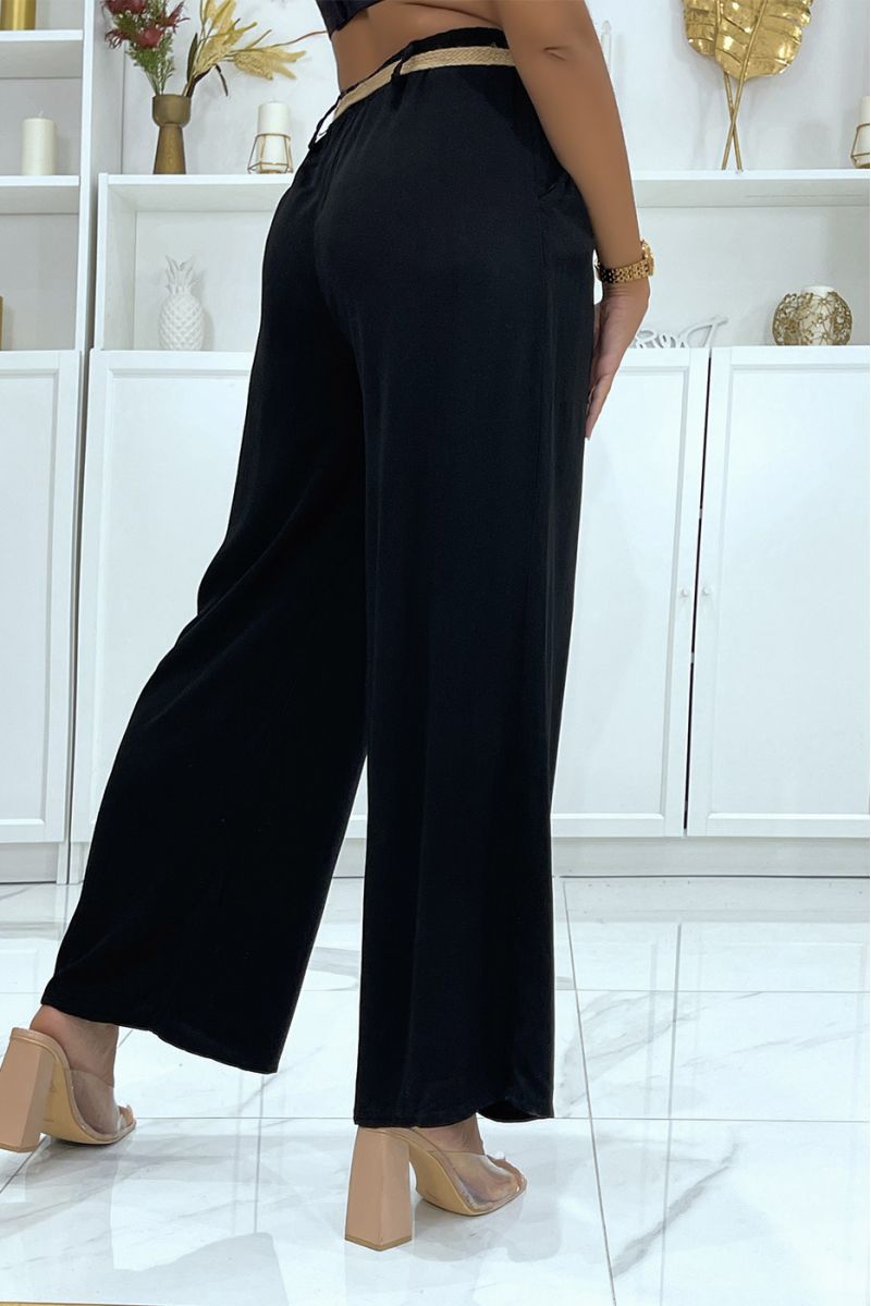 Black palazzo pants with thin straw belt, cinched at the waist - 3