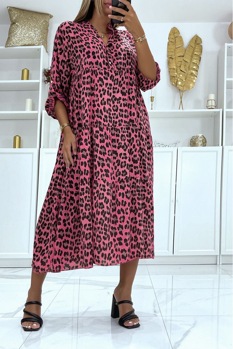 Fuchsia long dress with leopard print and loose and comfortable stand-up collar - 1