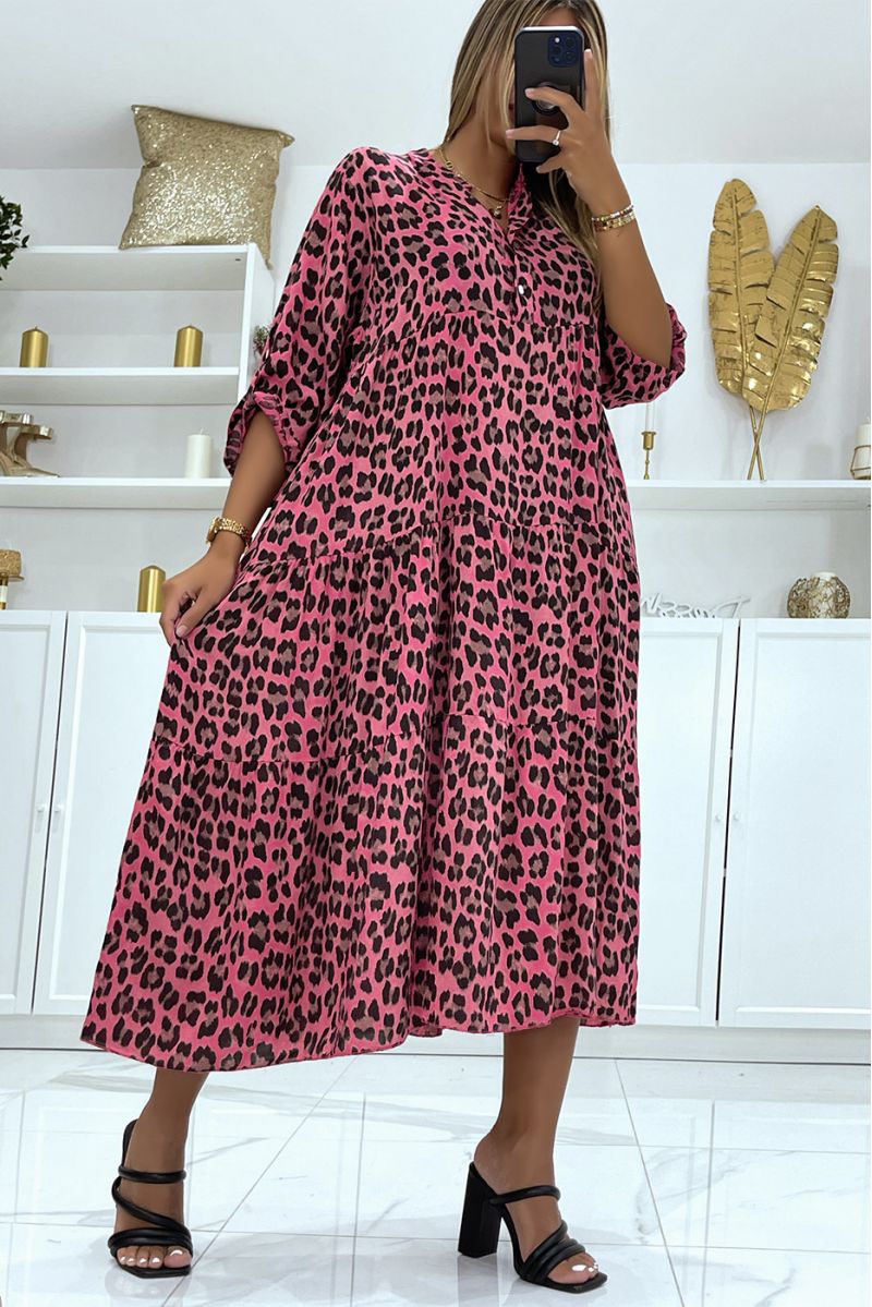 Fuchsia lange jurk met luipaardprint en losse en comfortabele opstaande kraag - 3