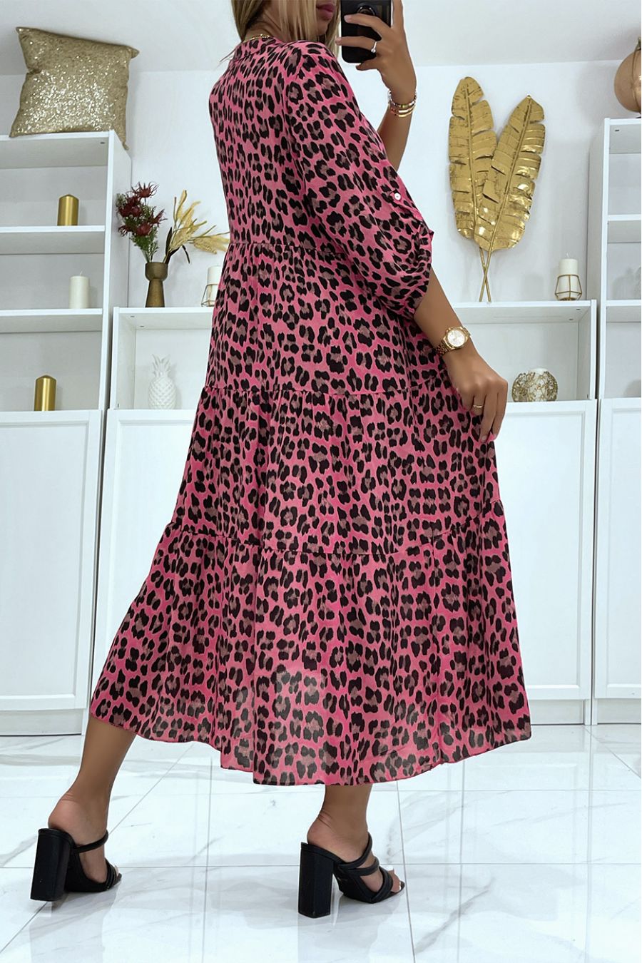 Fuchsia long dress with leopard print and loose and comfortable stand-up collar - 4