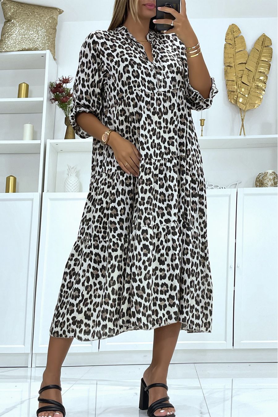 Long taupe dress with leopard print and loose and comfortable stand-up collar - 1