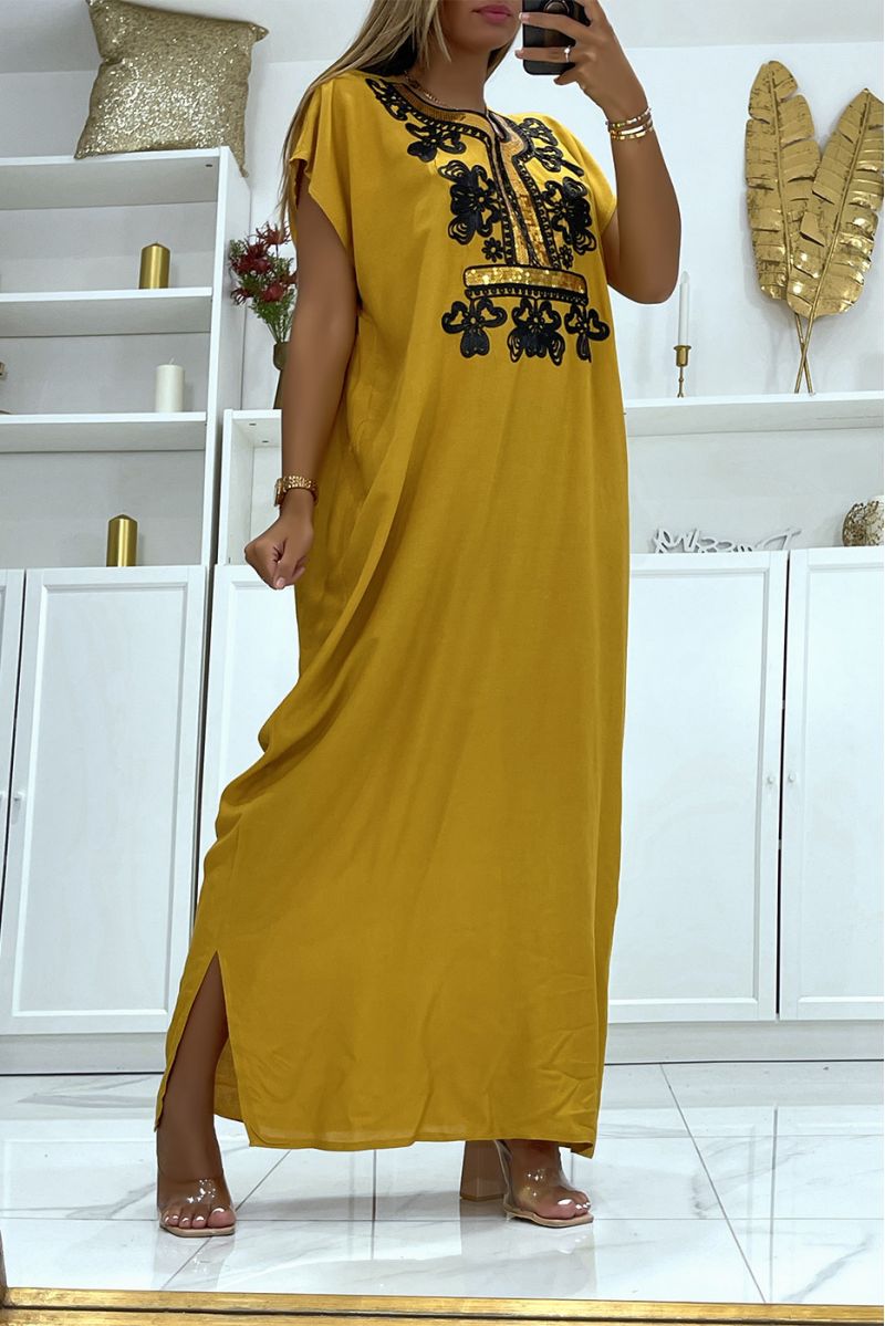 Mustard and black djellaba dress very comfortable to wear with pretty embroidery and sequins - 2