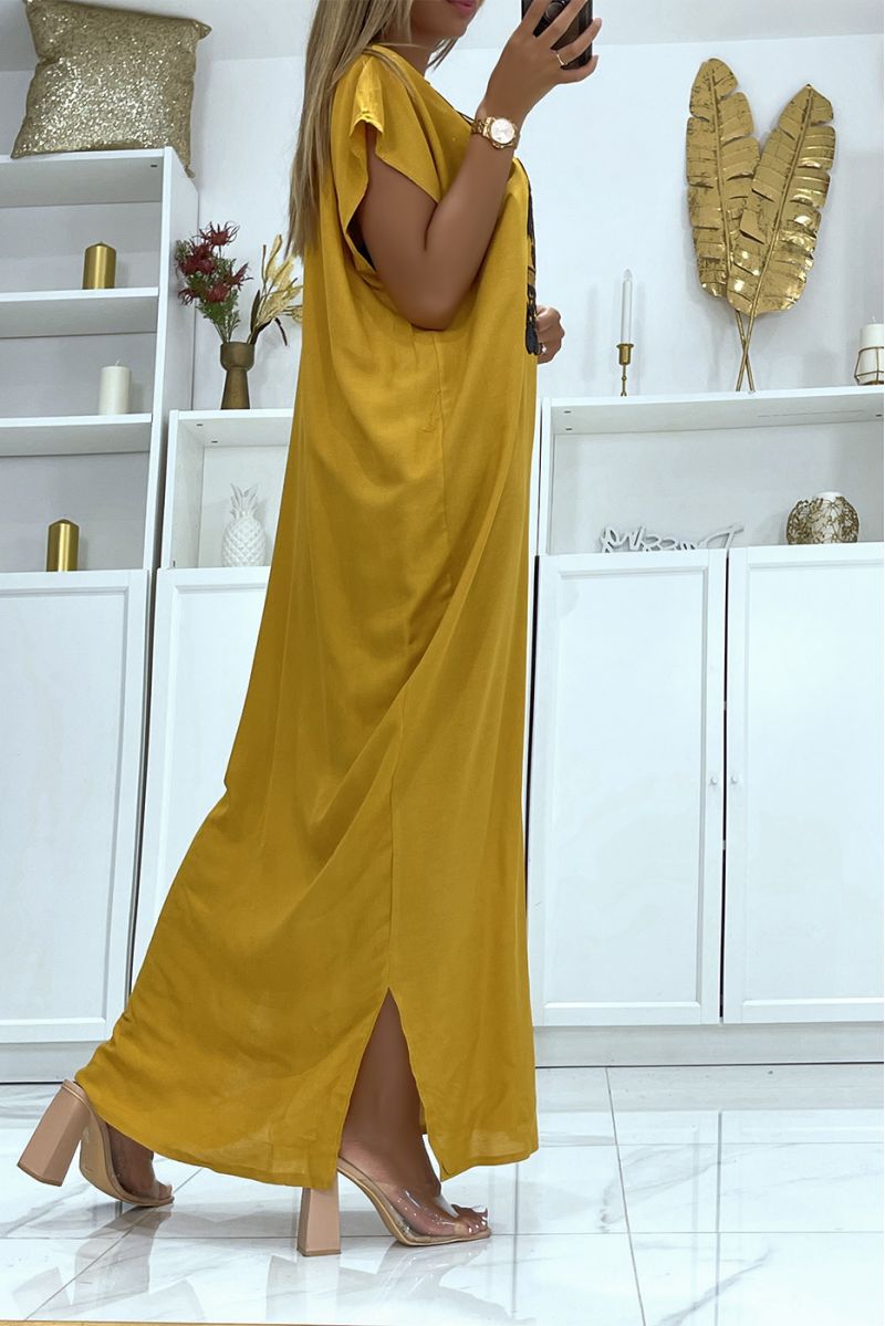 Mustard and black djellaba dress very comfortable to wear with pretty embroidery and sequins - 3