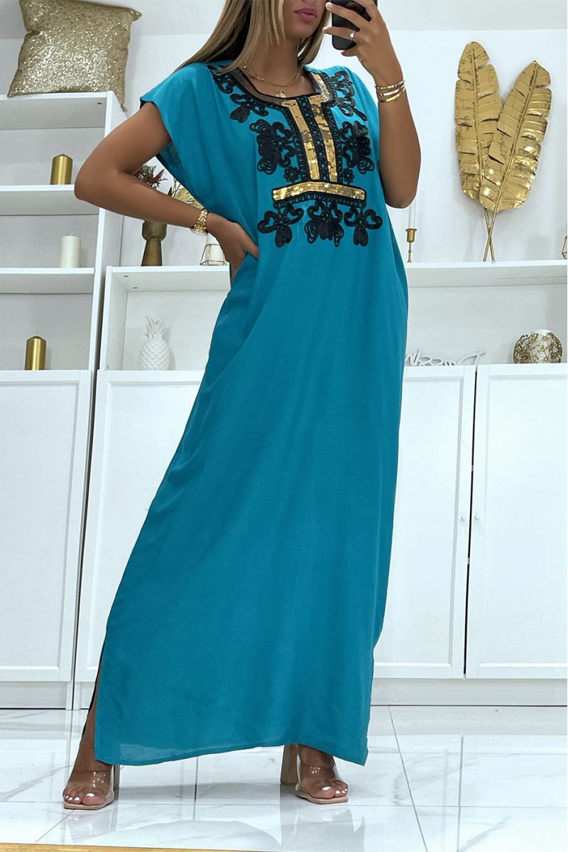 Black and green djellaba dress very comfortable to wear with pretty embroidery and sequins - 2