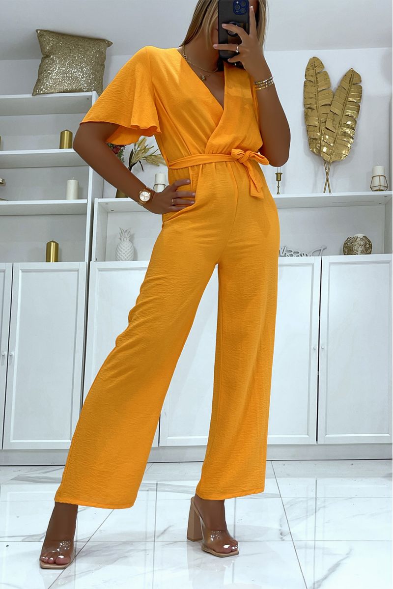 Orange wrap jumpsuit in vitamin color with belt at the waist - 3