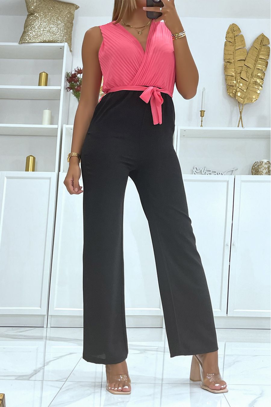 Two-tone fuchsia wrap jumpsuit in pleated voile at the chest and pretty belt at the waist - 2