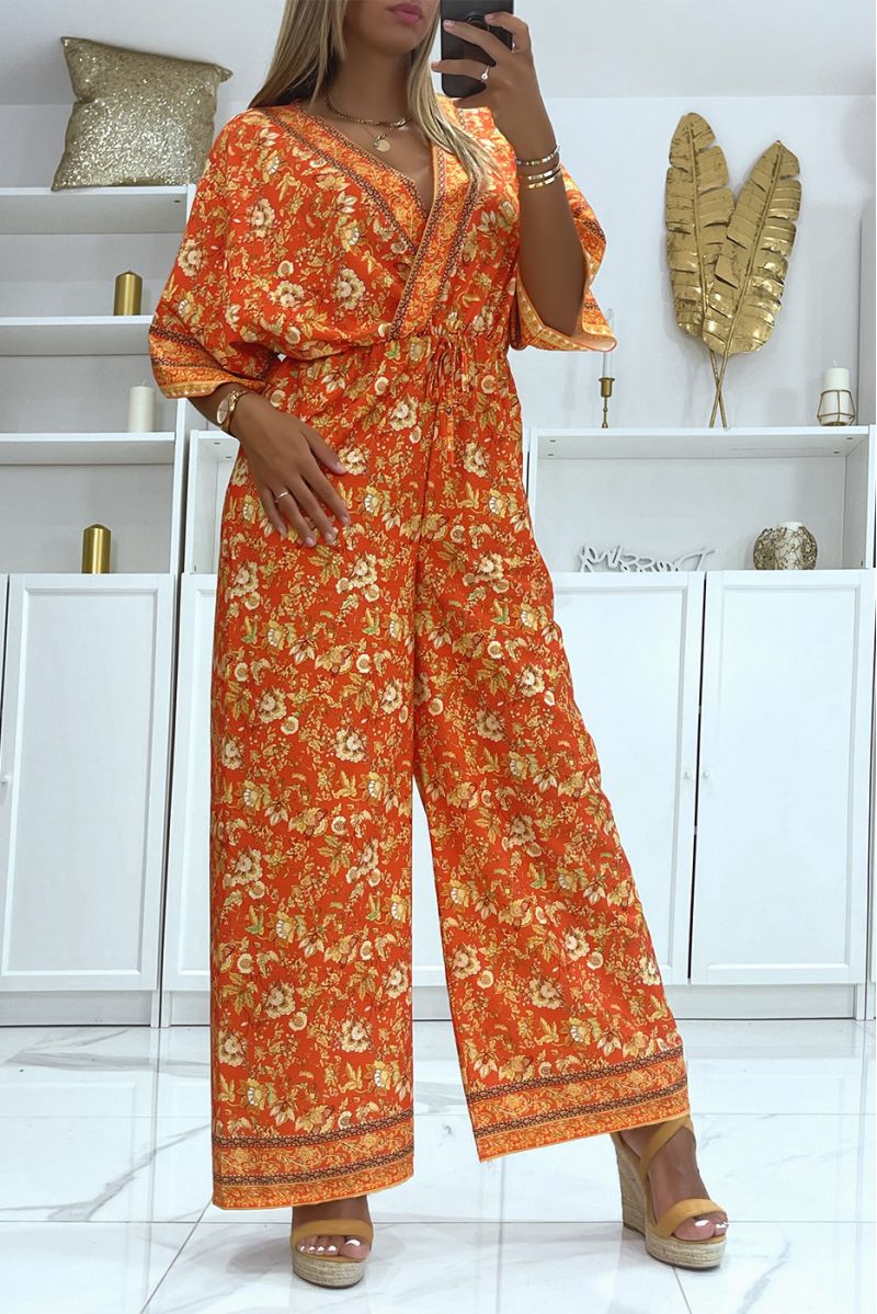 Red bell bottom jumpsuit fitted at the waist with beautiful floral print - 3