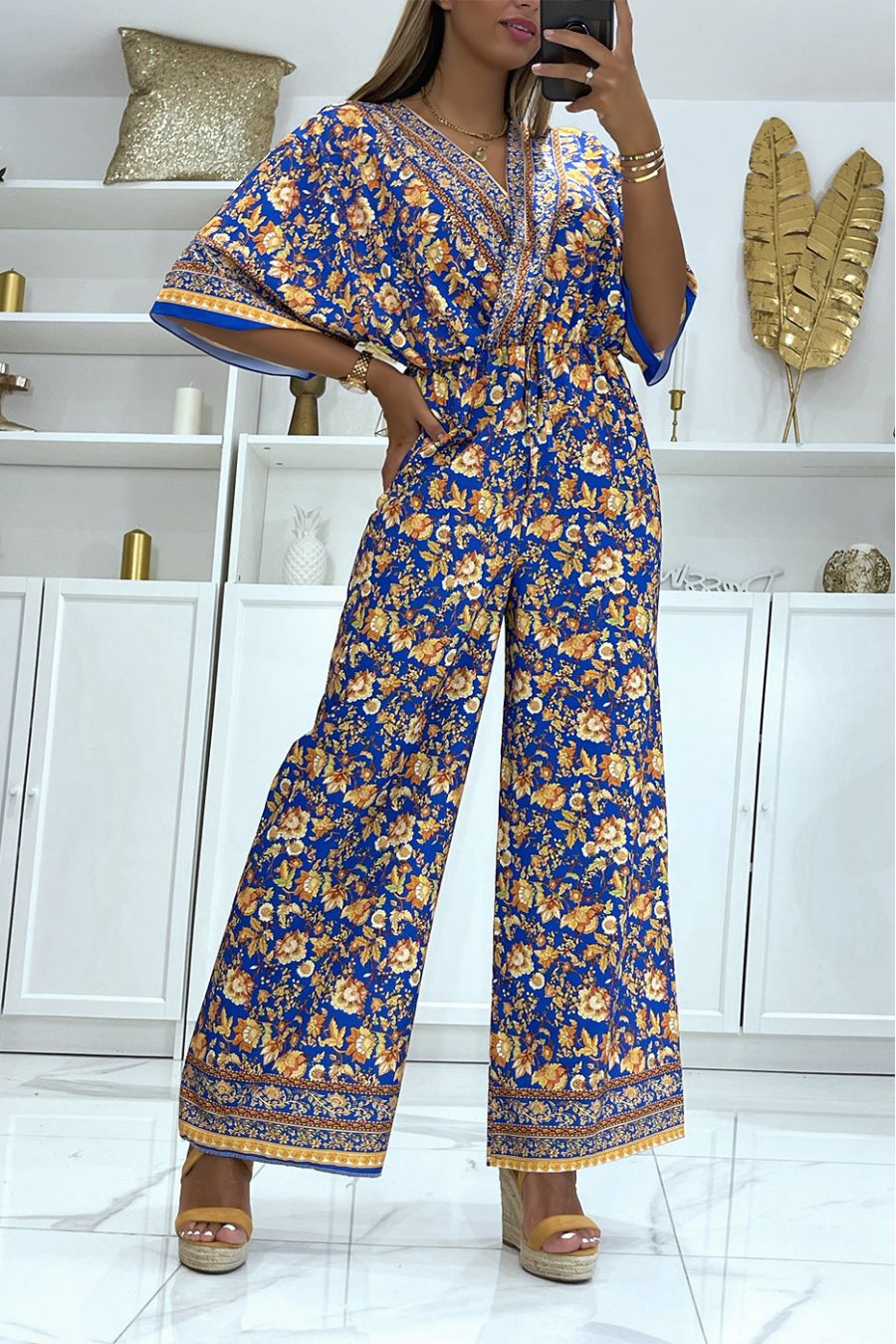 Prachtige Royal Bell Bottom jumpsuit met bloemenprint en gerimpelde taille - 1