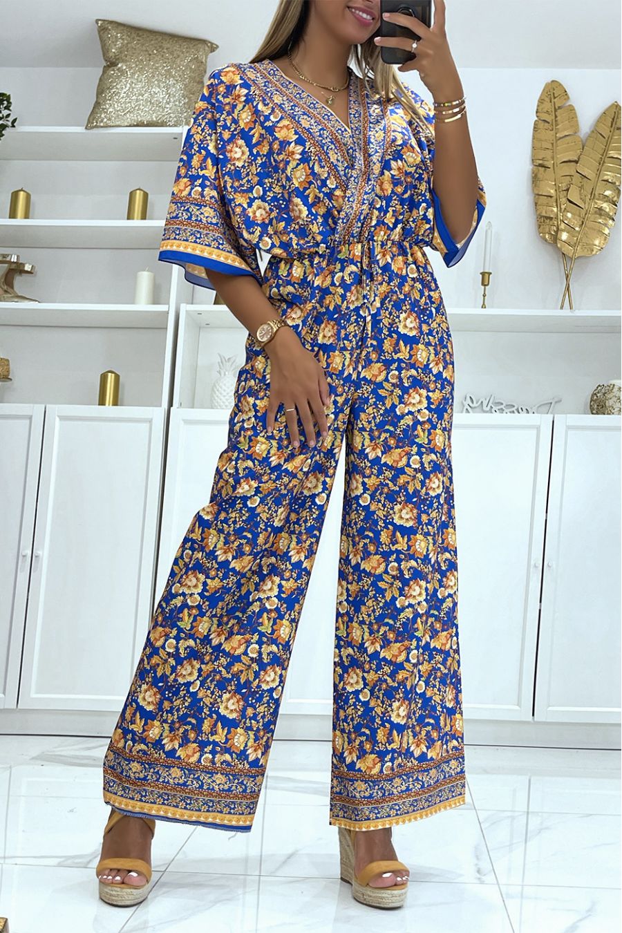 Gorgeous Floral Print Cinched Waist Royal Bell Bottom Jumpsuit - 2