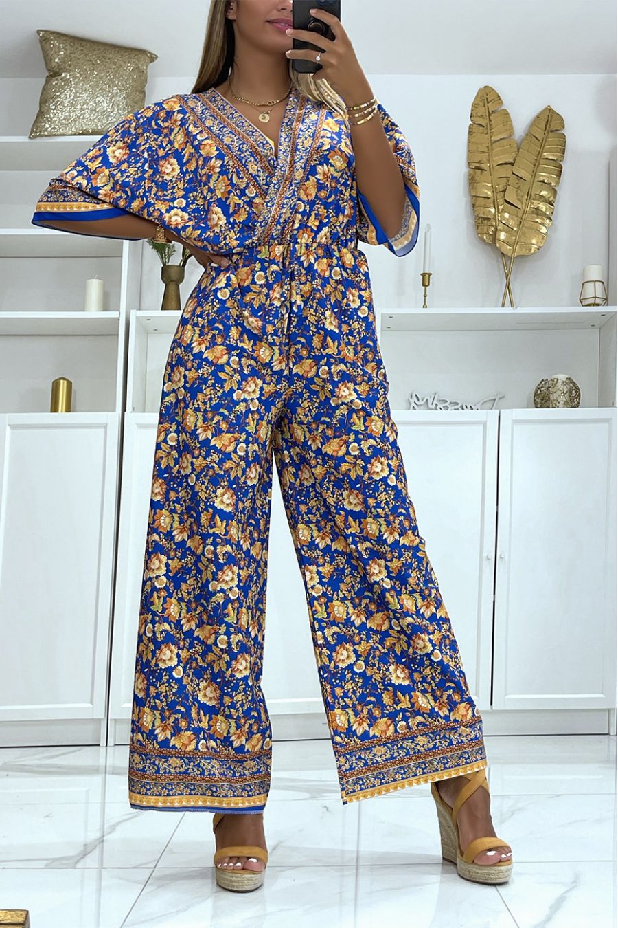 Prachtige Royal Bell Bottom jumpsuit met bloemenprint en gerimpelde taille - 3