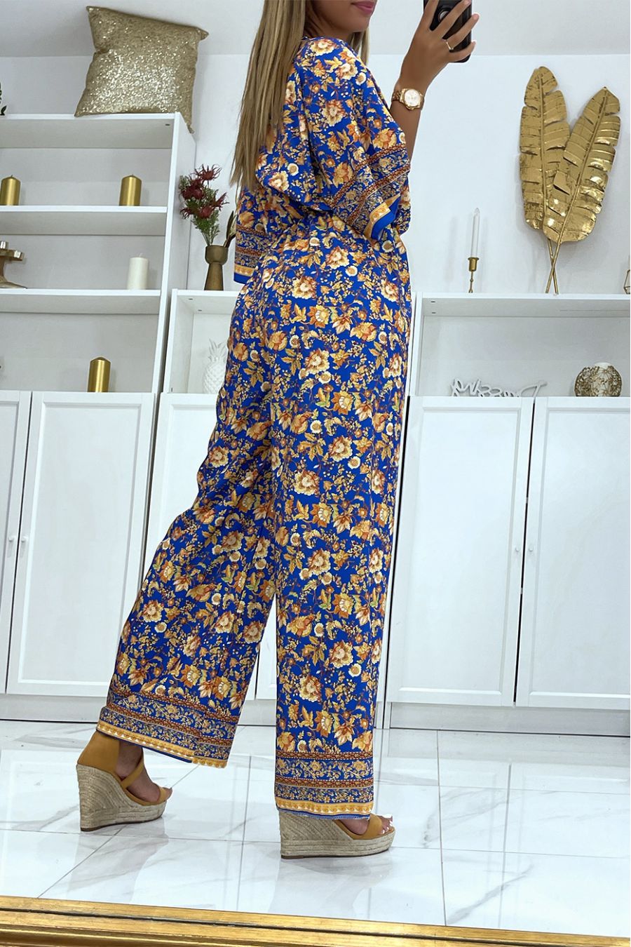 Prachtige Royal Bell Bottom jumpsuit met bloemenprint en gerimpelde taille - 4