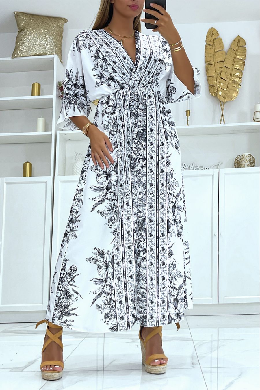 Long black and white floral wrap dress elastic at the waist with mid-length sleeves - 1