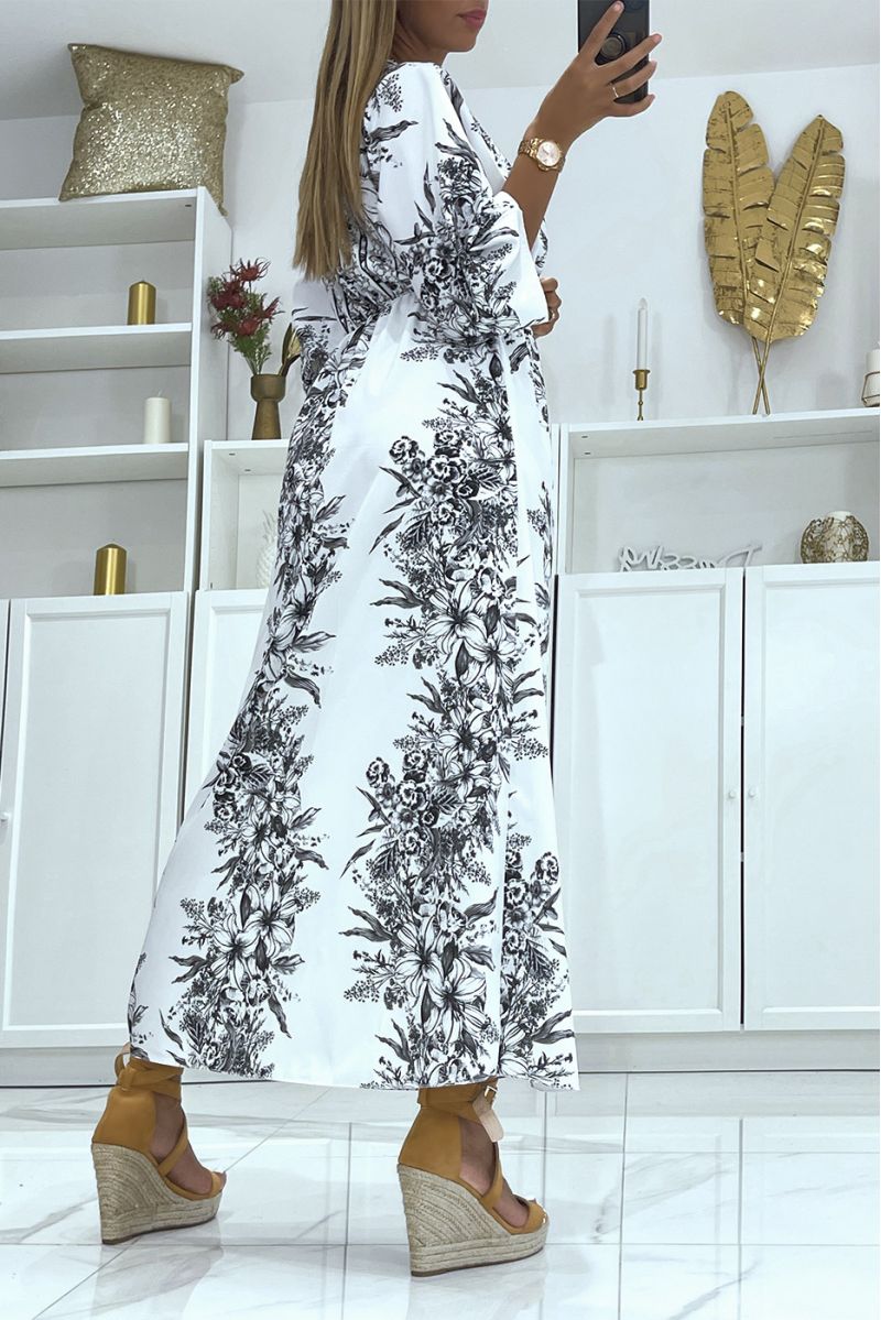 Long black and white floral wrap dress elastic at the waist with mid-length sleeves - 4