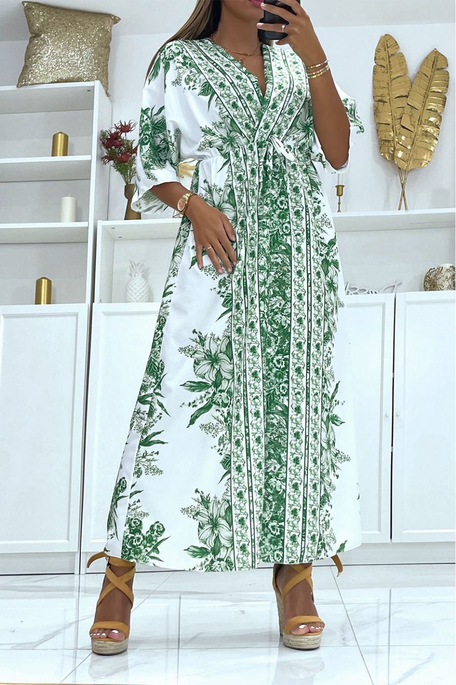 Longue robe verte et blanche cache coeur fleurie élastique à la taille aux manches mi-longues - 1