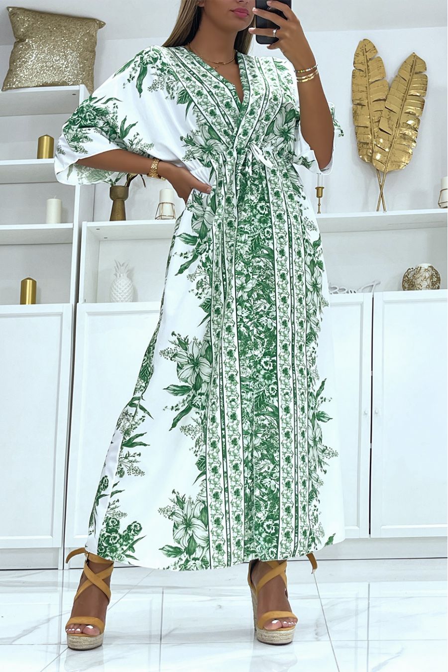 Long green and white floral wrap dress elastic at the waist with mid-length sleeves - 2