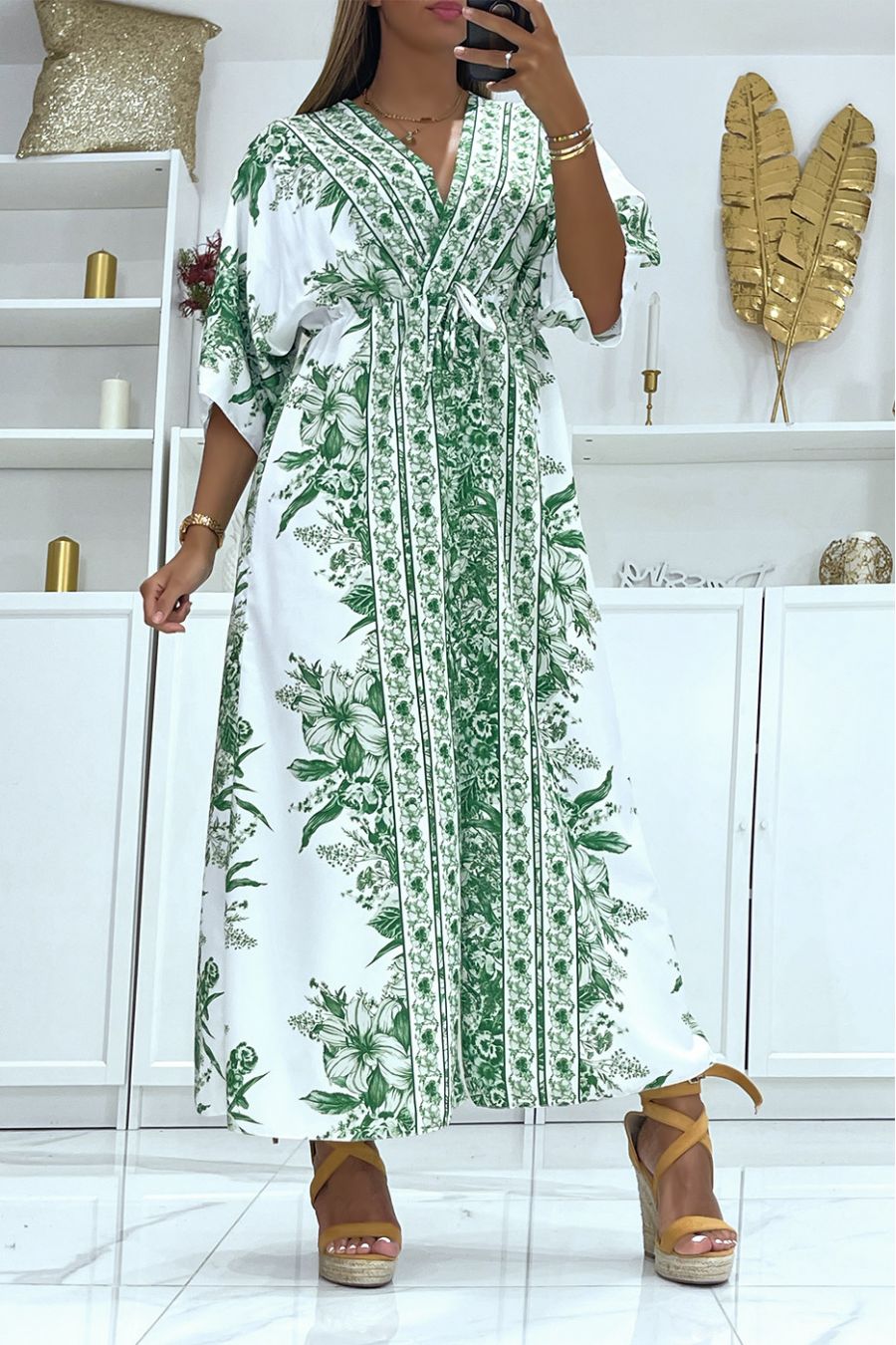 Long green and white floral wrap dress elastic at the waist with mid-length sleeves - 3