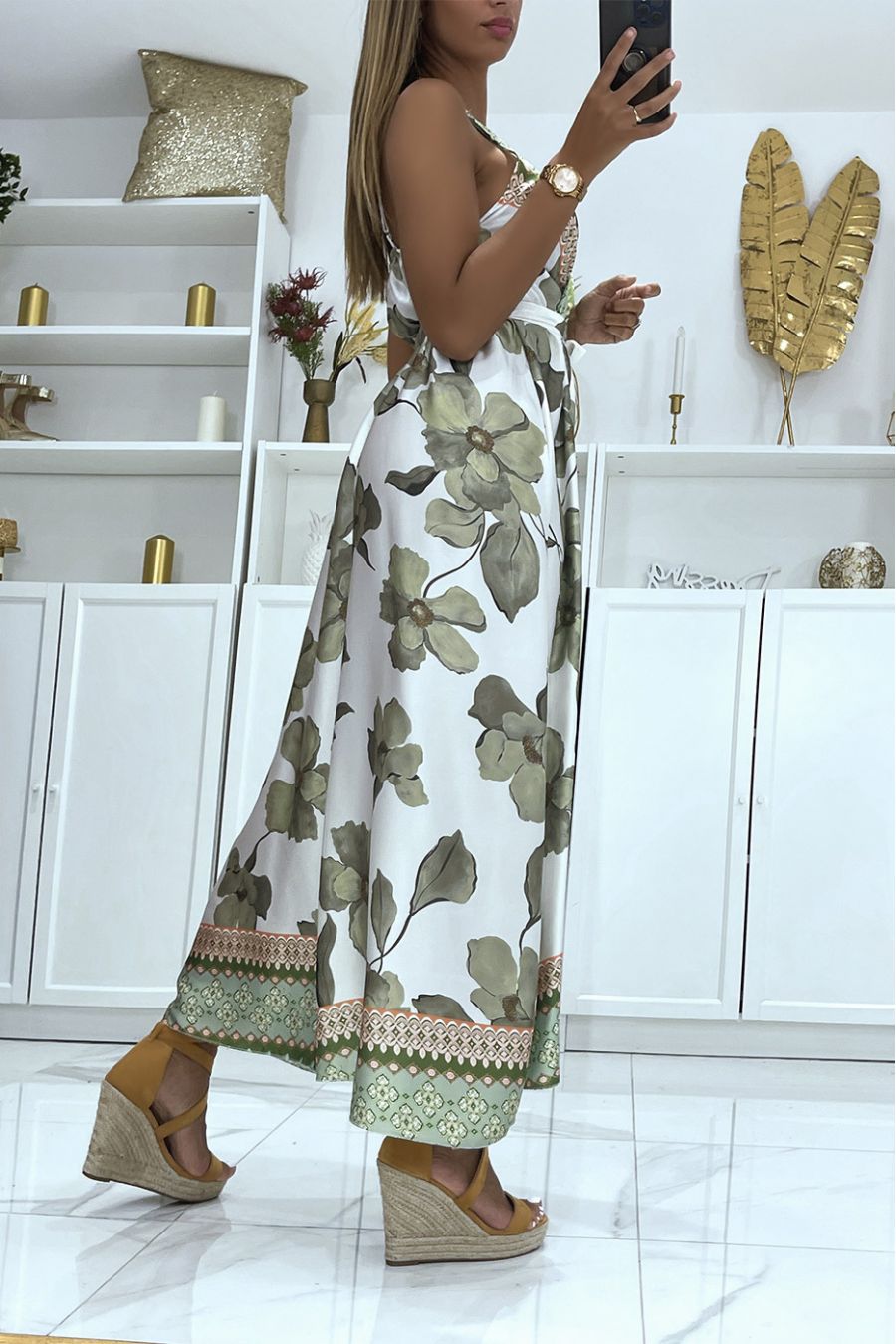 Long water green wrap dress with wide V-neck floral print and thin straps - 4