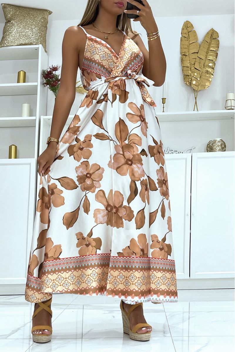 Lange taupe wikkeljurk met wijde V-hals bloemenprint en dunne bandjes - 2