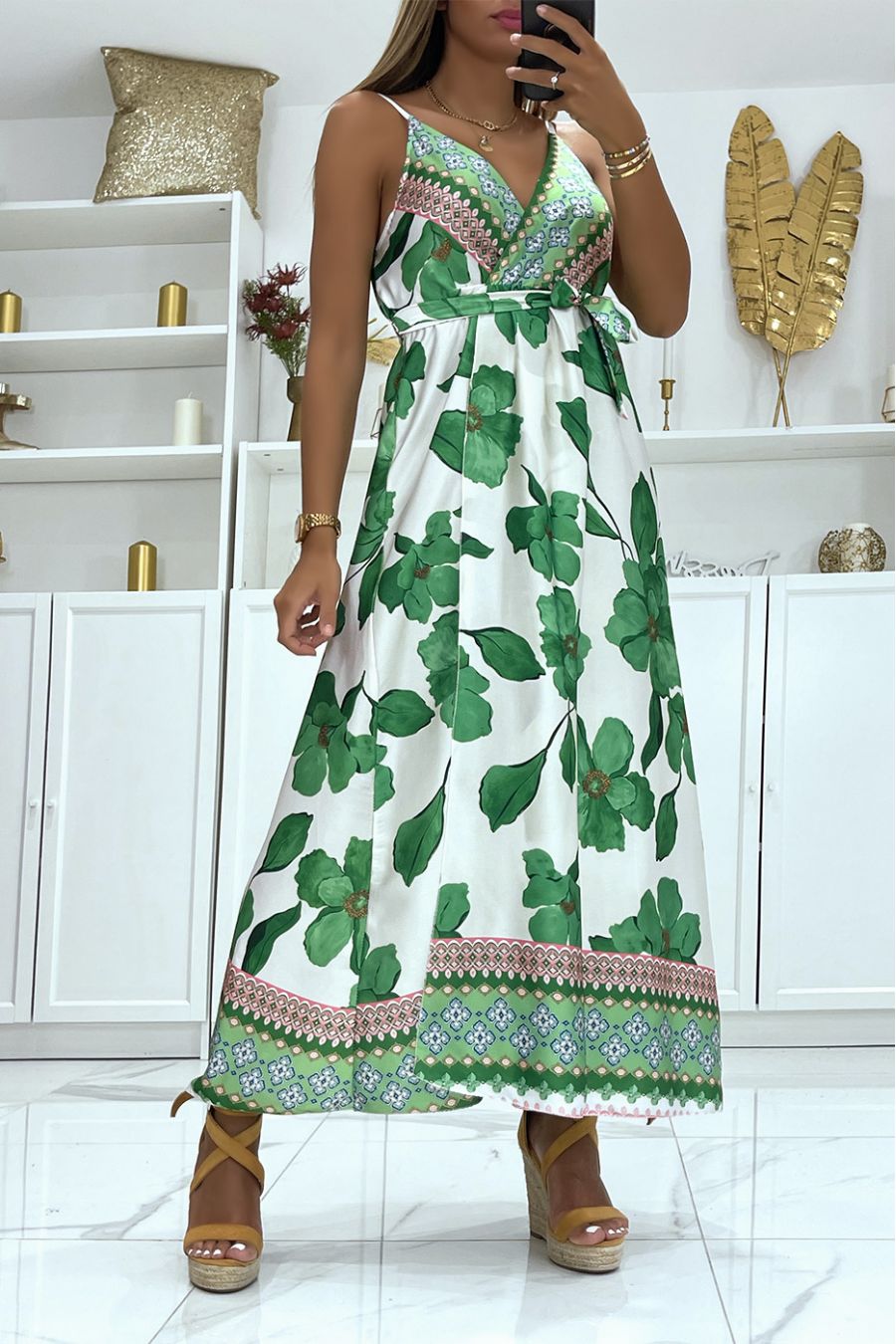 Long green wrap dress with wide V-neck floral print and thin straps - 1