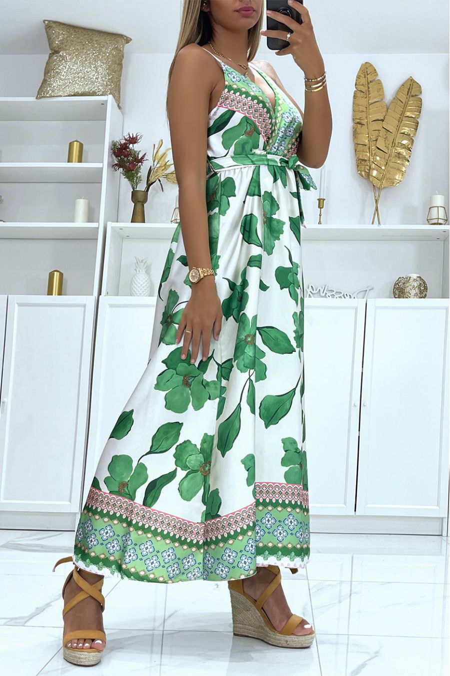 Long green wrap dress with wide V-neck floral print and thin straps - 3