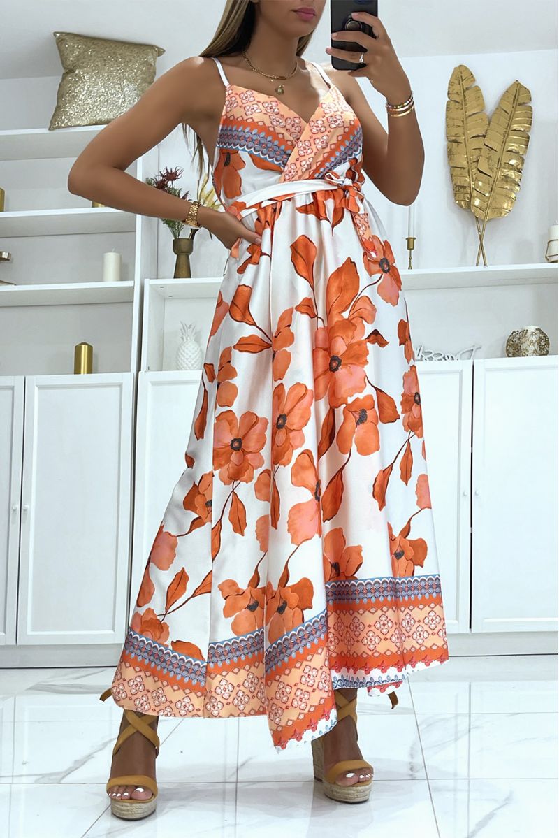 Long orange wrap dress with wide V-neck floral print and thin straps - 1