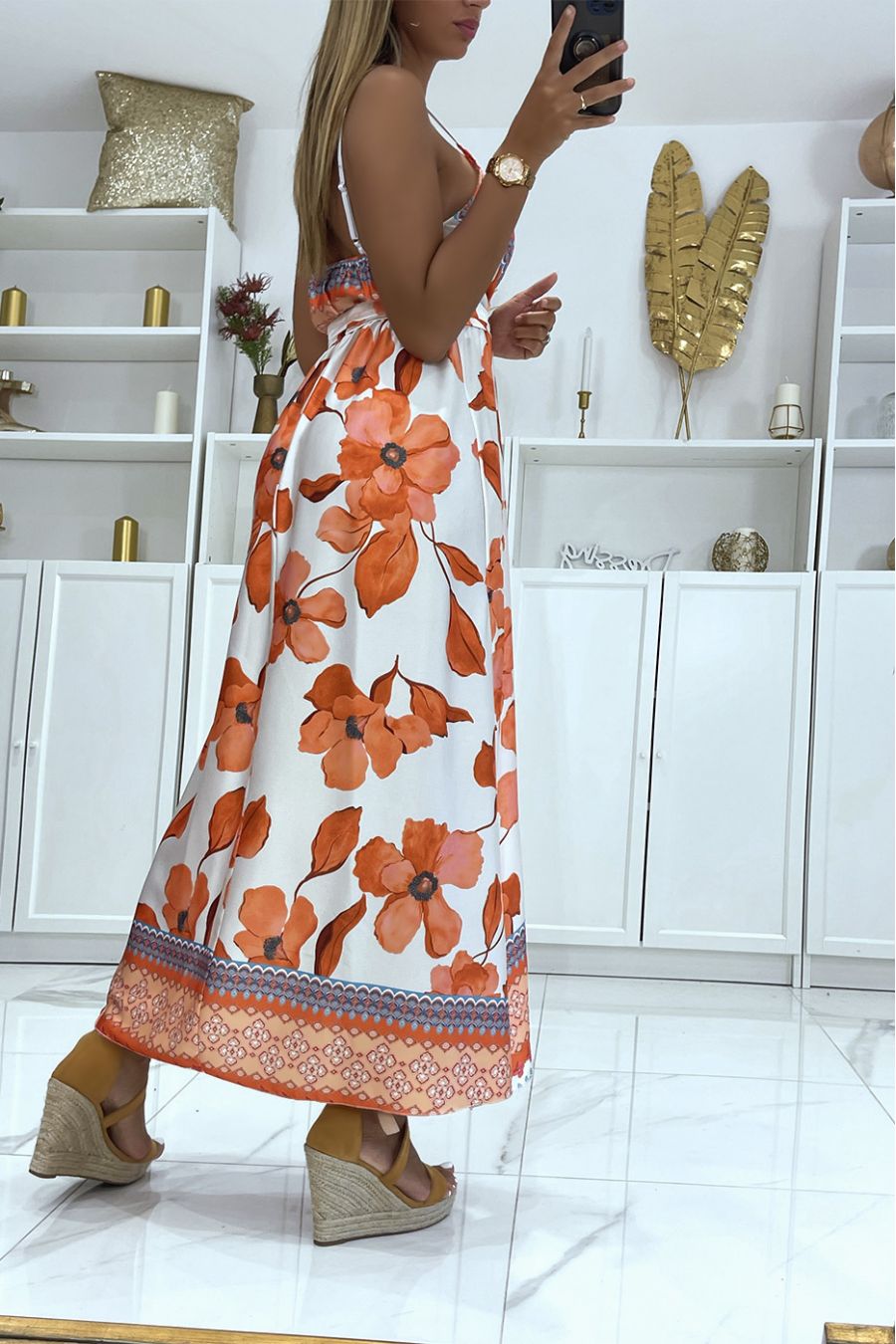 Long orange wrap dress with wide V-neck floral print and thin straps - 3