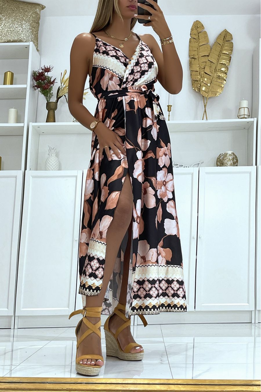 Long black wrap dress with wide V-neck floral print and thin straps - 2