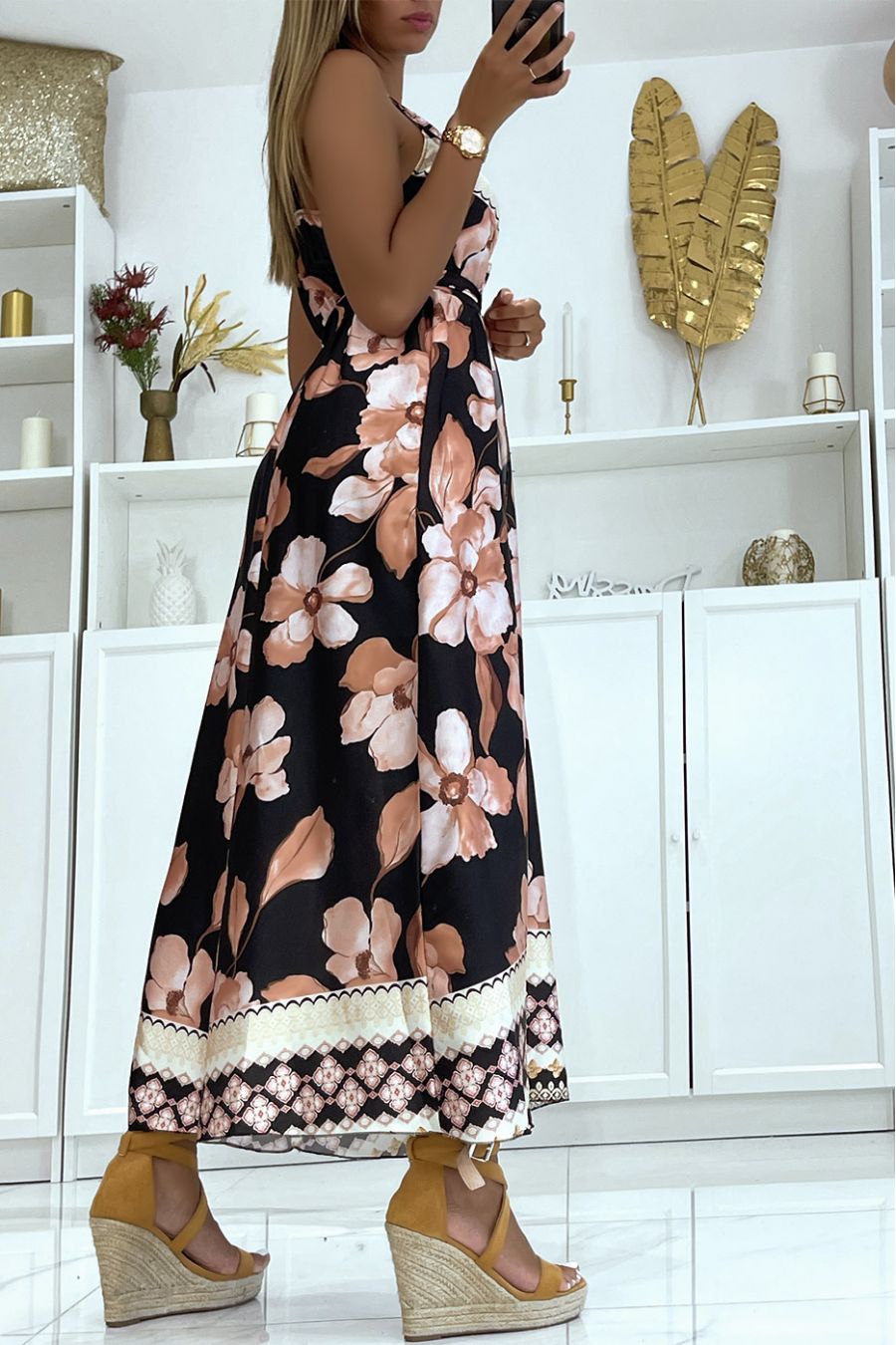 Long black wrap dress with wide V-neck floral print and thin straps - 3