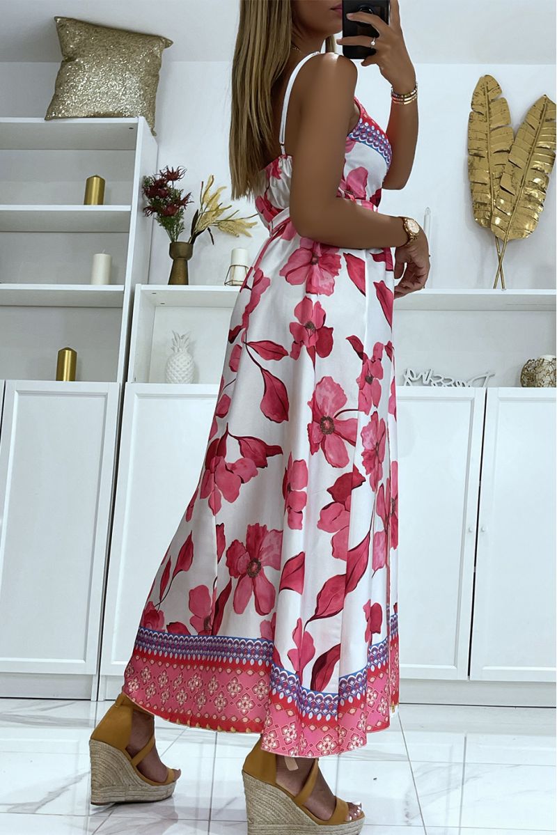 Long fuchsia wrap dress with wide V-neck floral print and thin straps - 4