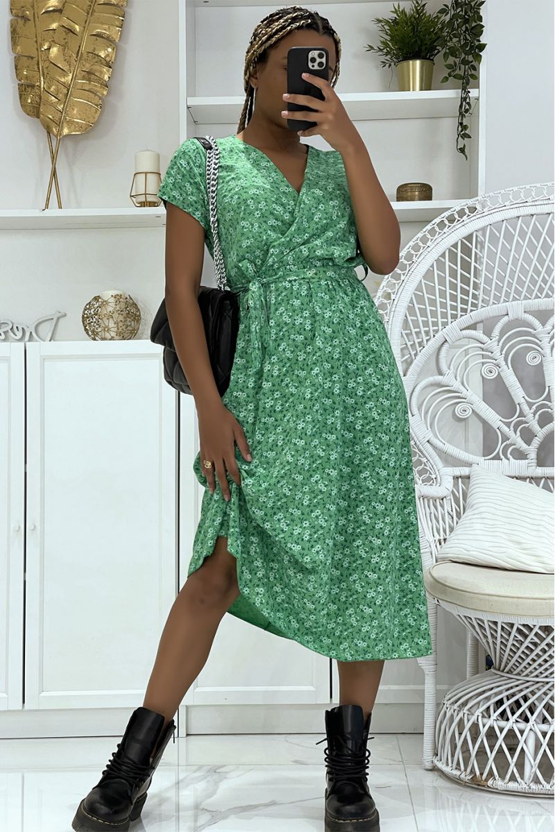Groene gebloemde tuniekjurk met V-hals en riem bij de lichte en comfortabele taille - 1