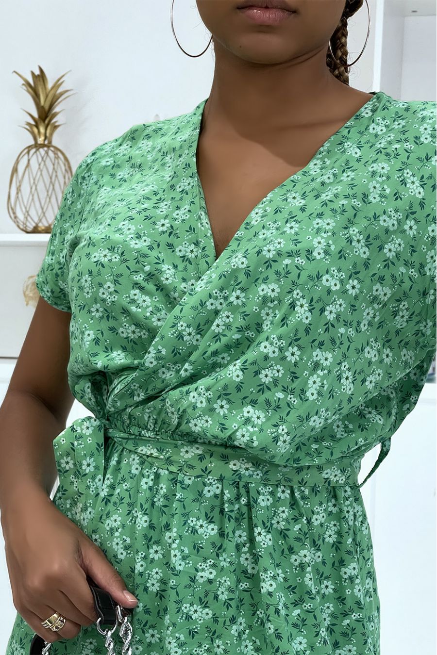 Green floral tunic dress with V-neck and belt at the light and comfortable waist - 4