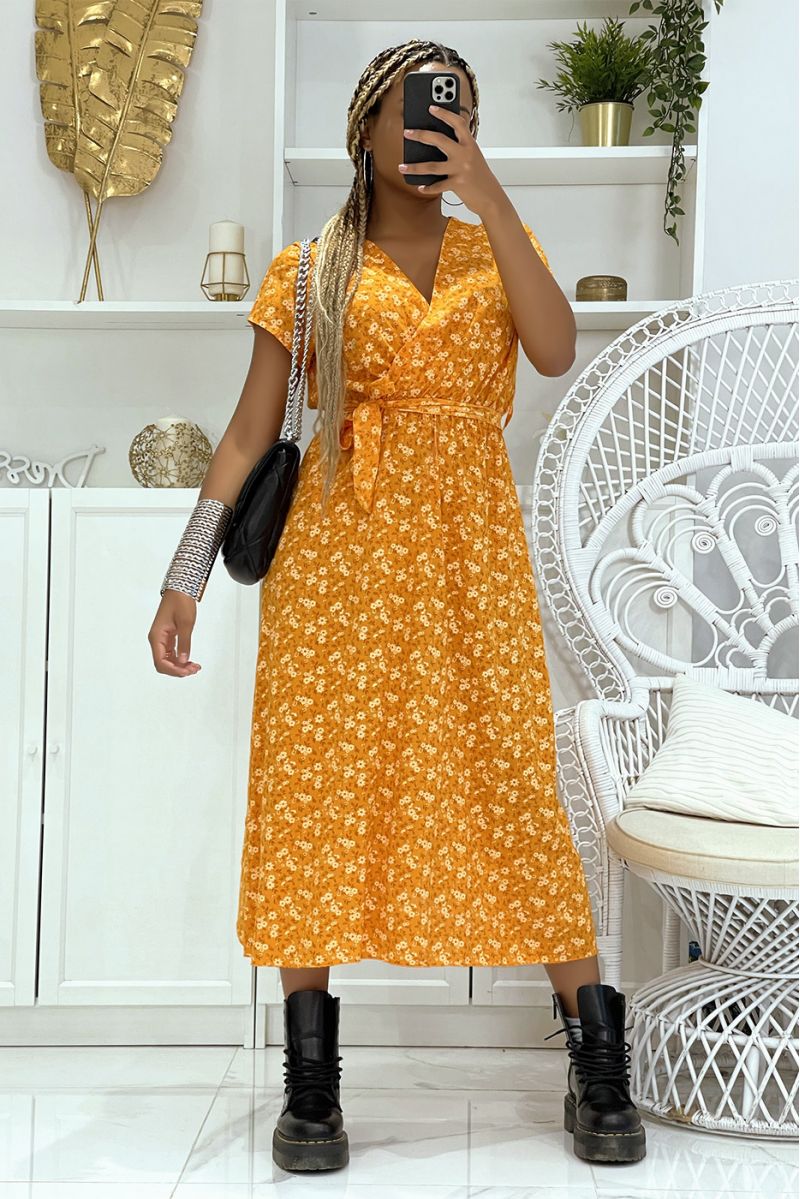 Orange floral tunic dress with V-neck and belt at the light and comfortable waist - 1