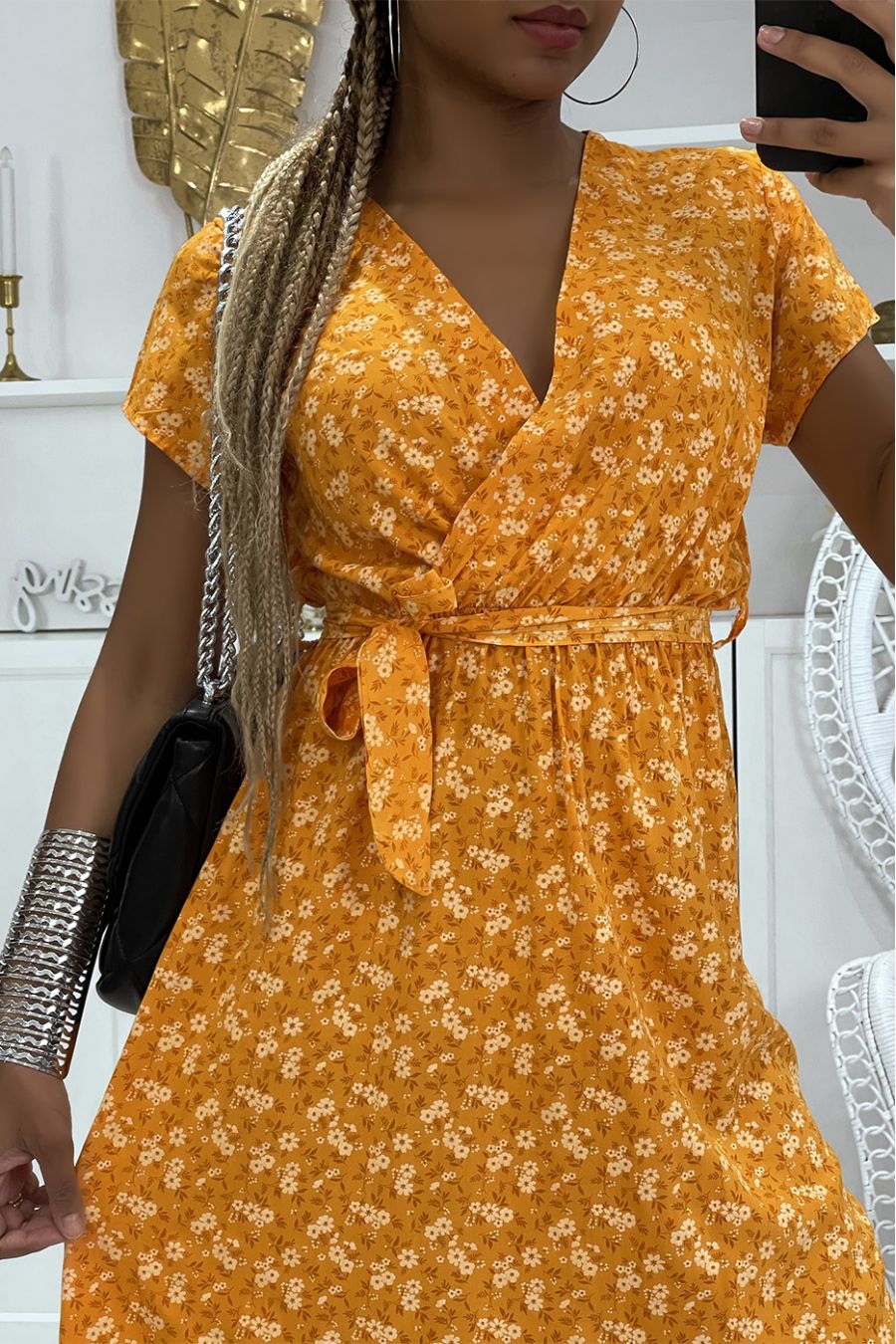 Orange floral tunic dress with V-neck and belt at the light and comfortable waist - 2