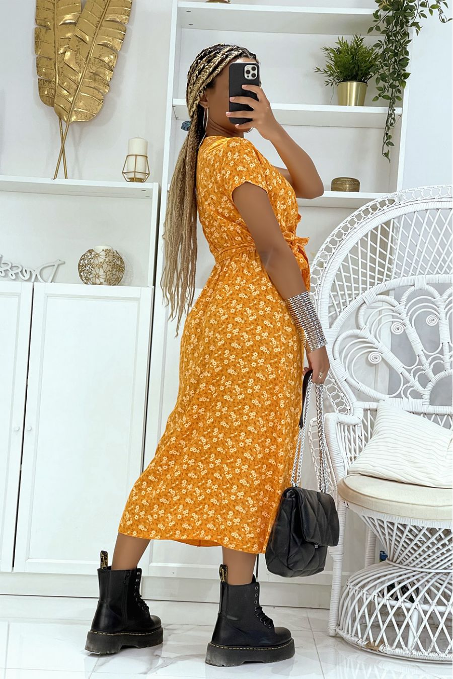Orange floral tunic dress with V-neck and belt at the light and comfortable waist - 3
