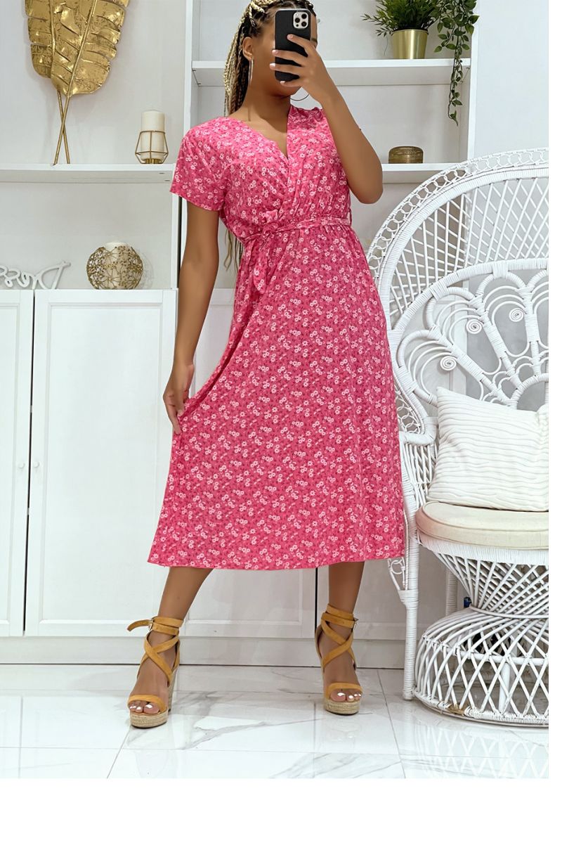 Fuchsia floral tunic dress with V-neck and belt at the waist, light and comfortable - 1