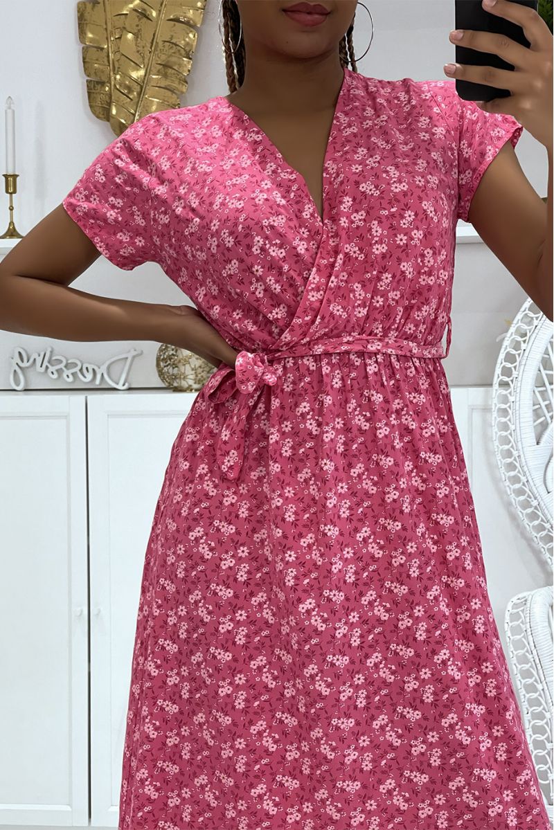 Fuchsia floral tunic dress with V-neck and belt at the waist, light and comfortable - 3