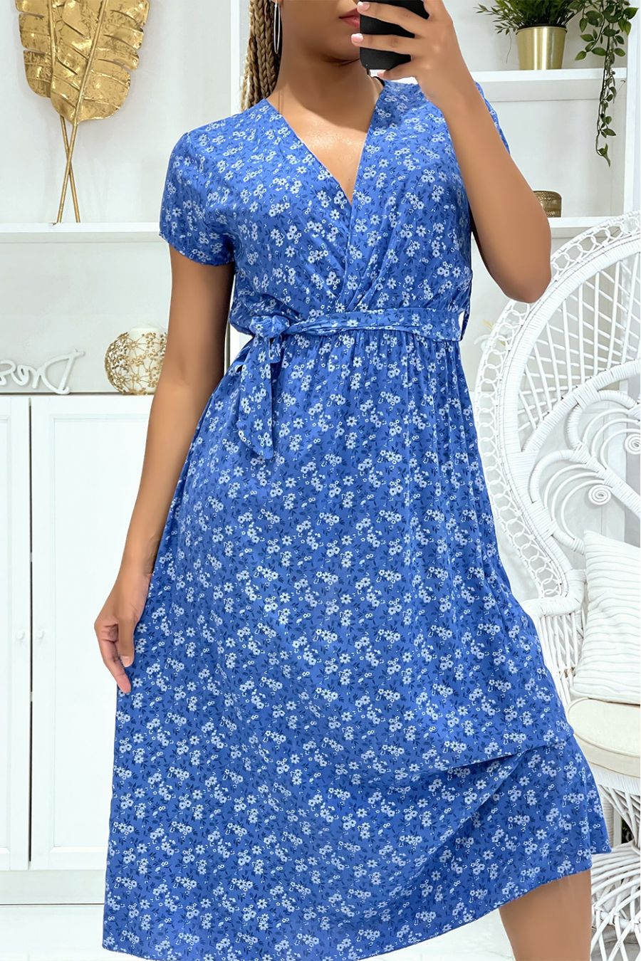 Robe tunique royale fleurie à col V et ceinture à la taille légère et confortable  - 4