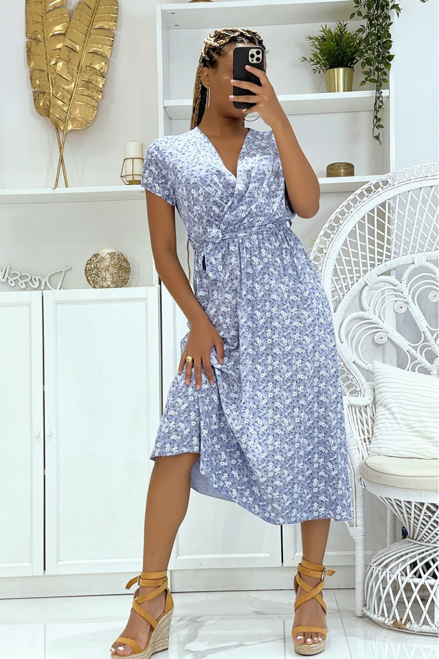 Robe tunique bleu fleurie à col V et ceinture à la taille légère et confortable - 1