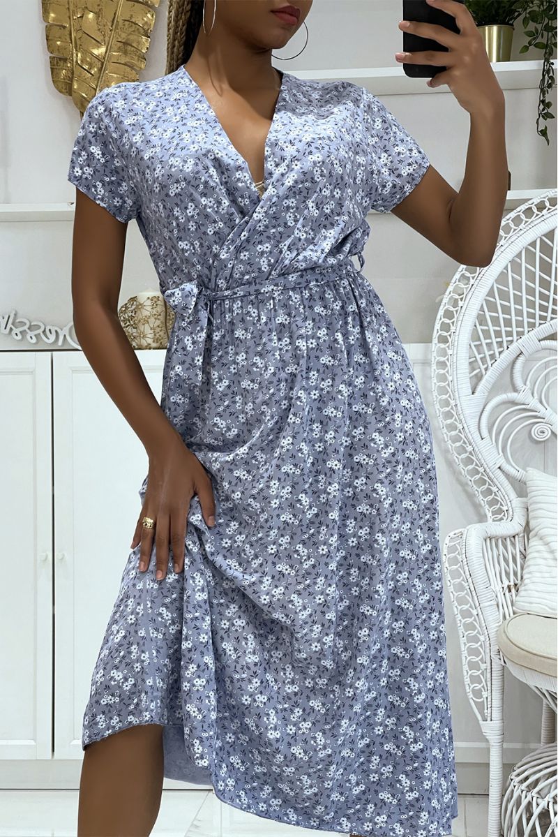 Blue floral tunic dress with V-neck and belt at the light and comfortable waist - 2